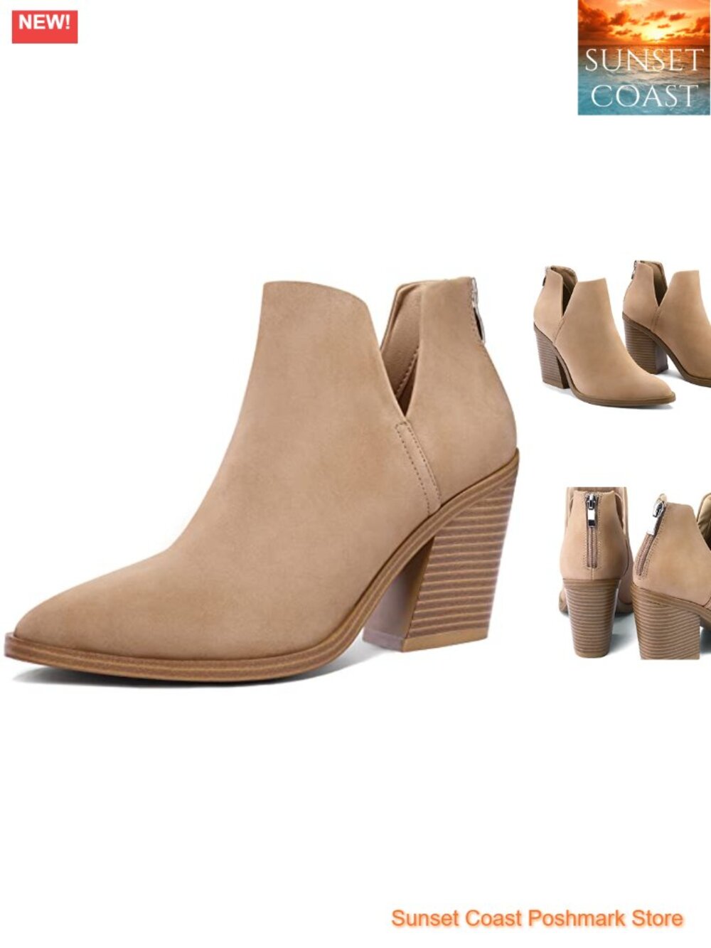 Women's Ankle Boots Cutout Stacked Chunky Heel Booties Back Zipper Pointed Toe